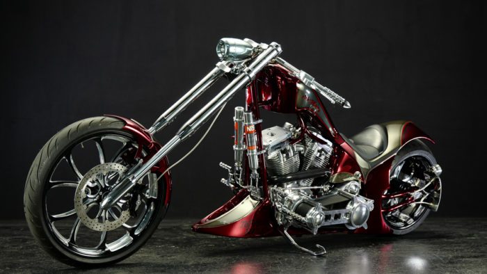 a side/front view of the Bad Land 1992 EVO 300 Wide Tire Chopper, also known as ‘The Hades Chopper’.