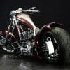 a view from behind of the Bad Land 1992 EVO 300 Wide Tire Chopper, also known as ‘The Hades Chopper’.