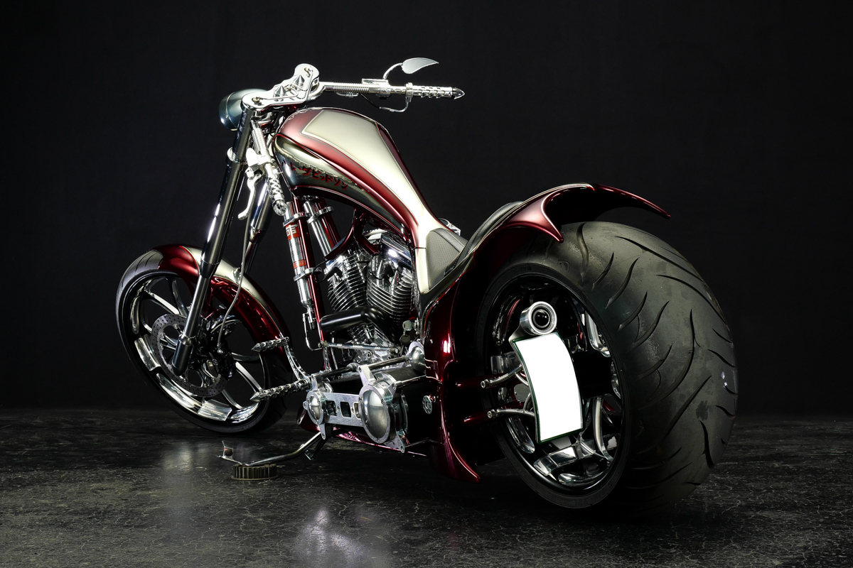 a view from behind of the Bad Land 1992 EVO 300 Wide Tire Chopper, also known as ‘The Hades Chopper’. a view from behind of the Bad Land 1992 EVO 300 Wide Tire Chopper, also known as ‘The Hades Chopper’.