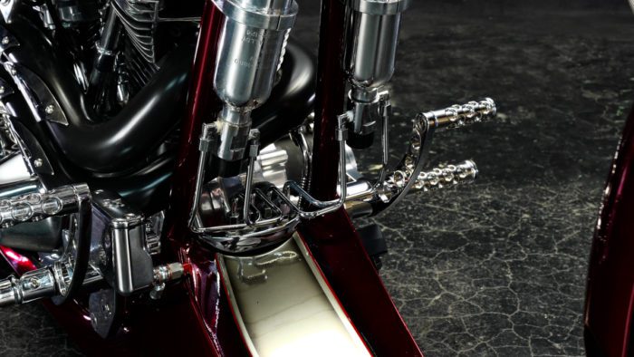 a view of the air suspension mount on the Bad Land 1992 EVO 300 Wide Tire Chopper, also known as ‘The Hades Chopper’.