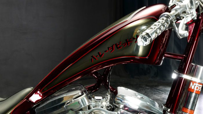 A close-up of the tank of the Bad Land 1992 EVO 300 Wide Tire Chopper, also known as ‘The Hades Chopper’. A close-up of the tank of the Bad Land 1992 EVO 300 Wide Tire Chopper, also known as ‘The Hades Chopper’.