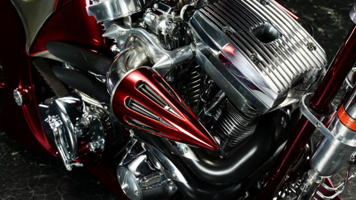 a close-up of the detailing in the engine on the Bad Land 1992 EVO 300 Wide Tire Chopper, also known as ‘The Hades Chopper’.