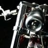 a view of the headlight on the Bad Land 1992 EVO 300 Wide Tire Chopper, also known as ‘The Hades Chopper’.
