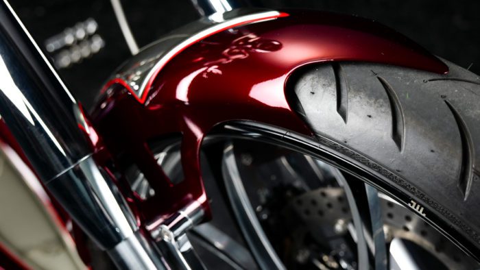 a view of the tire and cover on the Bad Land 1992 EVO 300 Wide Tire Chopper, also known as ‘The Hades Chopper’. a view of the tire and cover on the Bad Land 1992 EVO 300 Wide Tire Chopper, also known as ‘The Hades Chopper’.