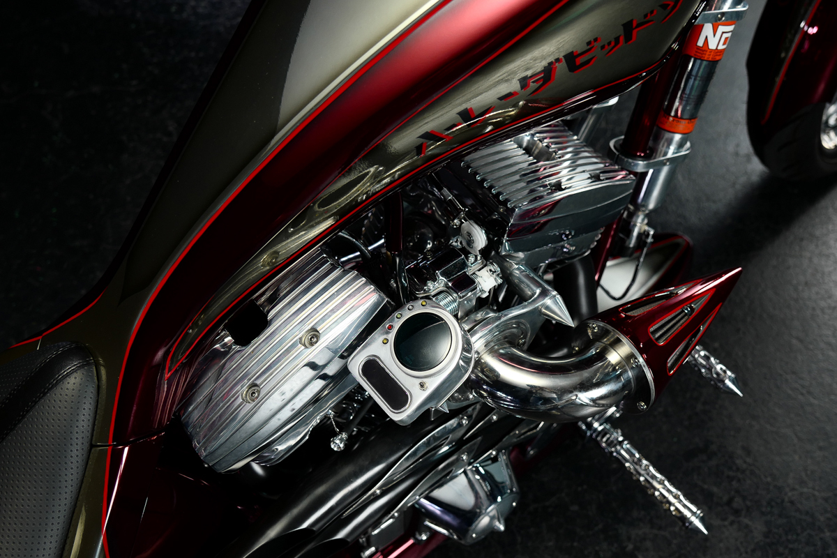 a view of the engine of the Bad Land 1992 EVO 300 Wide Tire Chopper, also known as ‘The Hades Chopper’. 