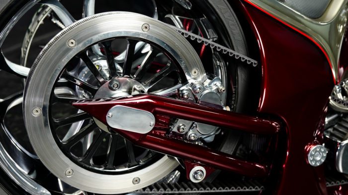 a view of the chain and tire of the Bad Land 1992 EVO 300 Wide Tire Chopper, also known as ‘The Hades Chopper’. a view of the chain and tire of the Bad Land 1992 EVO 300 Wide Tire Chopper, also known as ‘The Hades Chopper’.