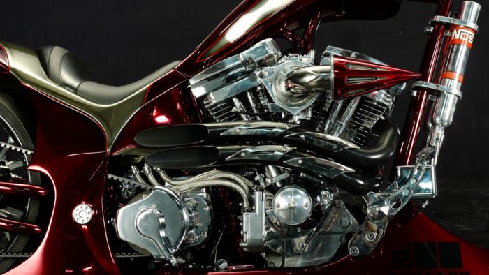 a close-up of the engine on the Bad Land 1992 EVO 300 Wide Tire Chopper, also known as ‘The Hades Chopper’.