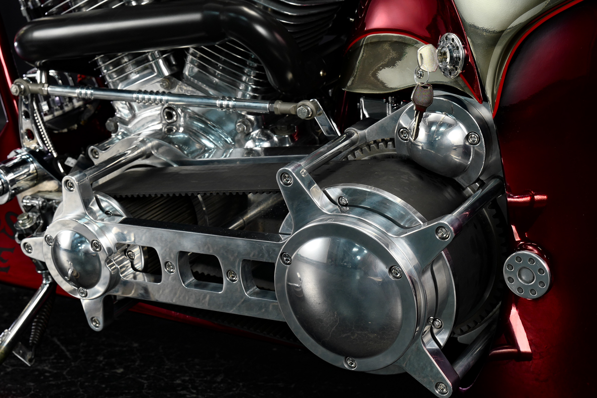 a view of the belt on the Bad Land 1992 EVO 300 Wide Tire Chopper, also known as ‘The Hades Chopper’. a view of the belt on the Bad Land 1992 EVO 300 Wide Tire Chopper, also known as ‘The Hades Chopper’.