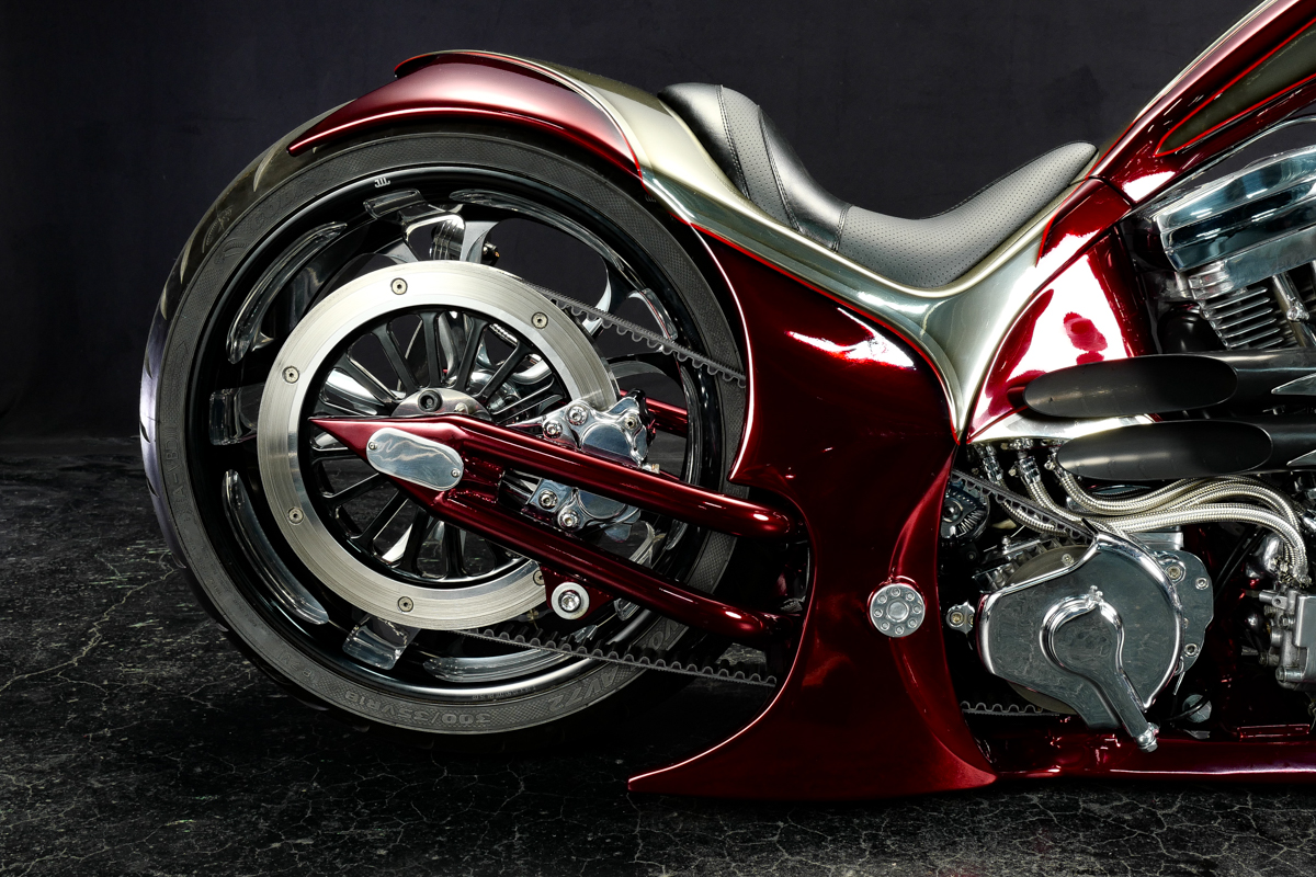 a view of the back end of the Bad Land 1992 EVO 300 Wide Tire Chopper, also known as ‘The Hades Chopper’.