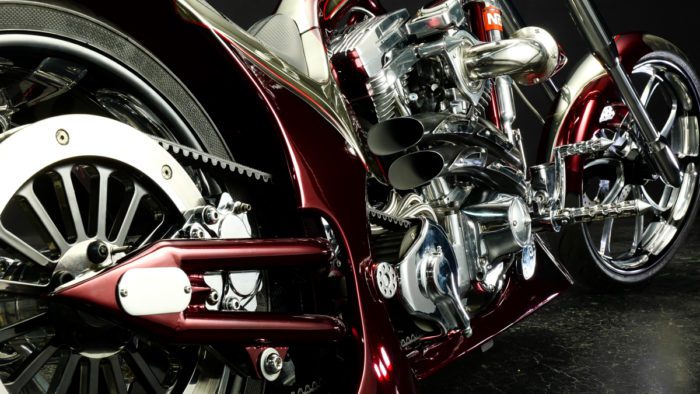 a view of the right side of the Bad Land 1992 EVO 300 Wide Tire Chopper, also known as ‘The Hades Chopper’. a view of the right side of the Bad Land 1992 EVO 300 Wide Tire Chopper, also known as ‘The Hades Chopper’.