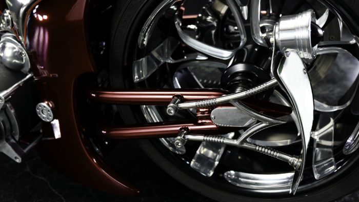 a close-up of the tire's detailing on the Bad Land 1992 EVO 300 Wide Tire Chopper, also known as ‘The Hades Chopper’. a close-up of the tire's detailing on the Bad Land 1992 EVO 300 Wide Tire Chopper, also known as ‘The Hades Chopper’.