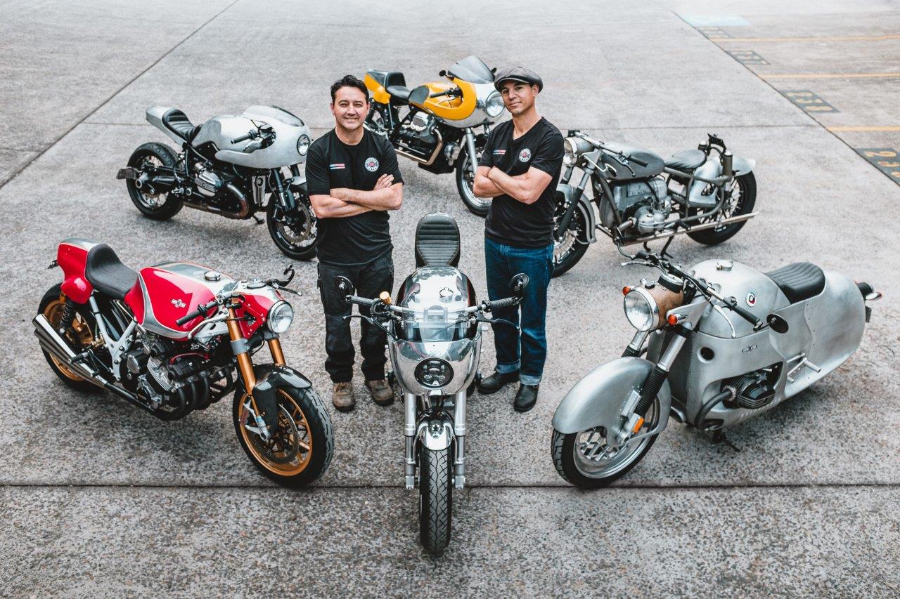 A top-down view of Vaughan & Georgio from Sydney's MotorRetro surrounded by their own custom motorcycles