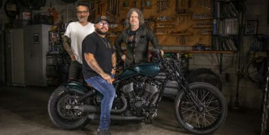 Custom Giants Indian Larry, Paul Cox and Keino Sasaki on their custom Indian Motorcycle