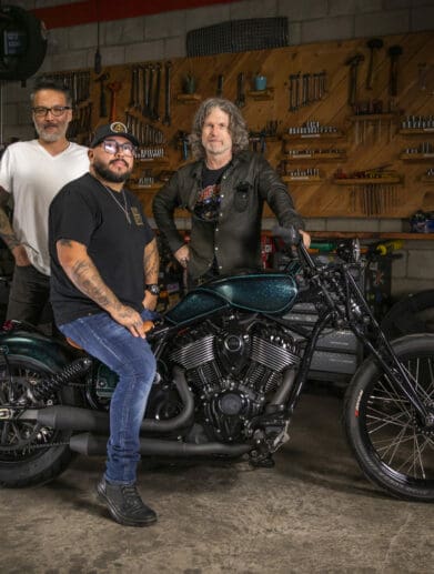 Custom Giants Indian Larry, Paul Cox and Keino Sasaki on their custom Indian Motorcycle