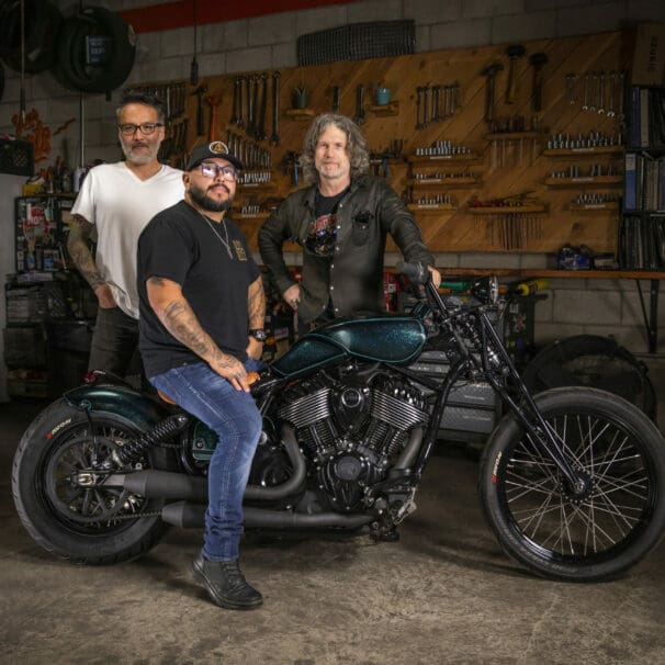 Custom Giants Indian Larry, Paul Cox and Keino Sasaki on their custom Indian Motorcycle