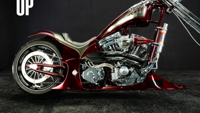 a view of the air suspension at 0% lowering on the Bad Land 1992 EVO 300 Wide Tire Chopper, also known as ‘The Hades Chopper’. a view of the air suspension at 0% lowering on the Bad Land 1992 EVO 300 Wide Tire Chopper, also known as ‘The Hades Chopper’.