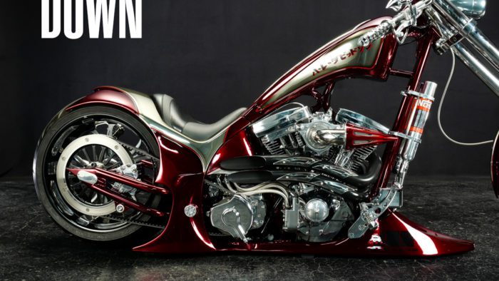 a view of the air suspension when lowered on the Bad Land 1992 EVO 300 Wide Tire Chopper, also known as ‘The Hades Chopper’. a view of the air suspension when lowered on the Bad Land 1992 EVO 300 Wide Tire Chopper, also known as ‘The Hades Chopper’.