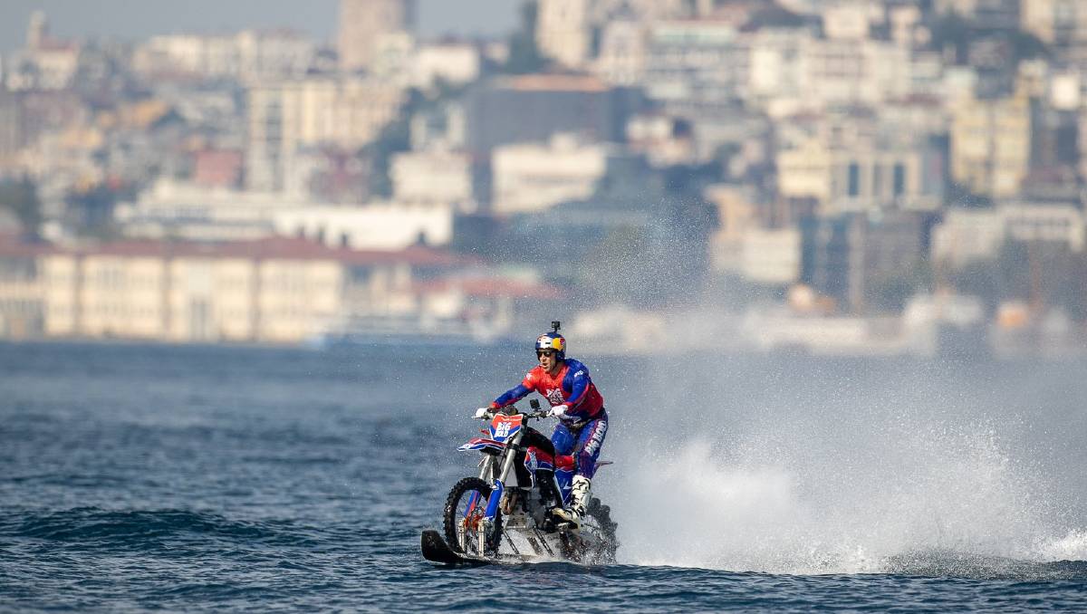 A view of Robbie Maddison riding the Strait of Istanbul on his custom water bike