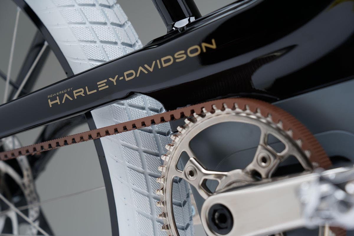 a close-up of a Harley-davidson electric bicycle.