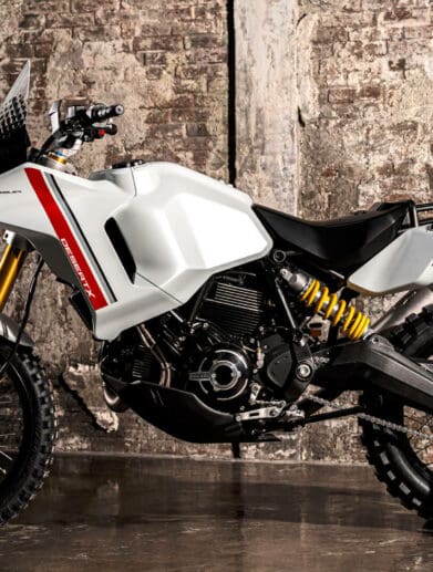A side view of the Ducati Desert X