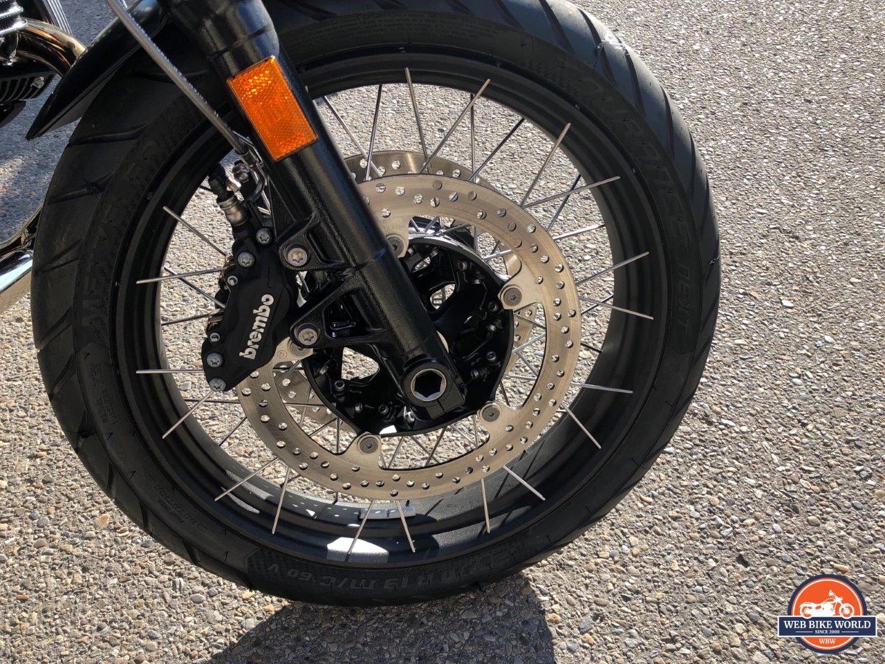 A view of the very nice and very large-sized disc brakes on the 2021 BMW R NineT Scrambler