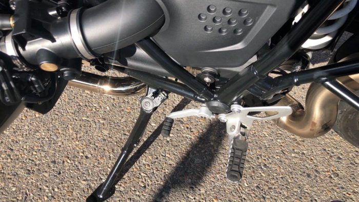 A view of the surprisingly functional kickstand for the 2021 BMW R NineT Scrambler prior to the demo ride from WBW A view of the surprisingly functional kickstand for the 2021 BMW R NineT Scrambler prior to the demo ride from WBW