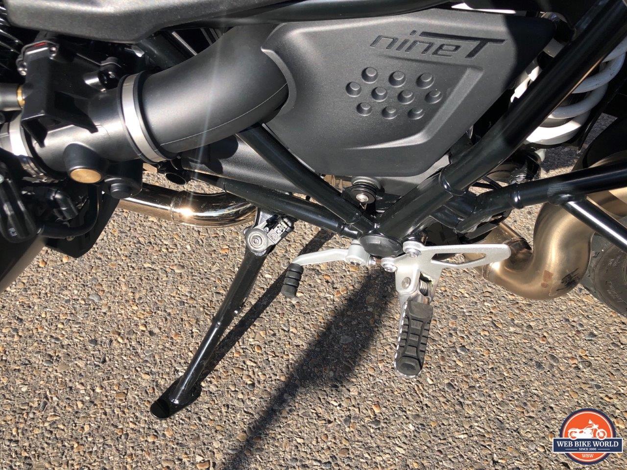 A view of the surprisingly functional kickstand for the 2021 BMW R NineT Scrambler prior to the demo ride from WBW