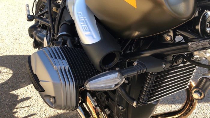A close-up of the chassis and guts fo the new 2021 BMW R NineT Scrambler prior to the demo ride
