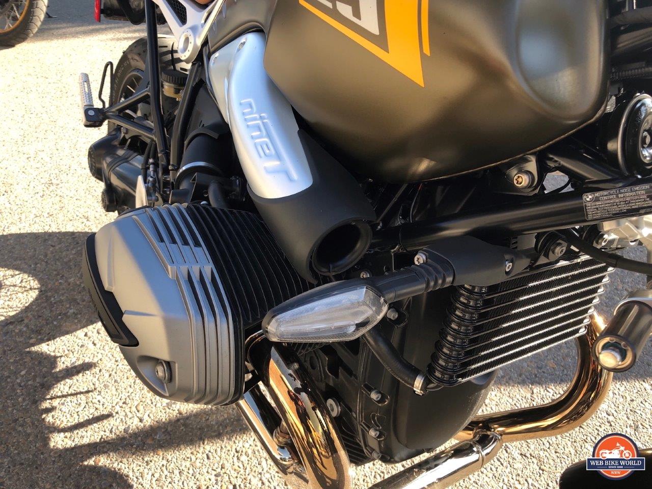 A close-up of the chassis and guts fo the new 2021 BMW R NineT Scrambler prior to the demo ride