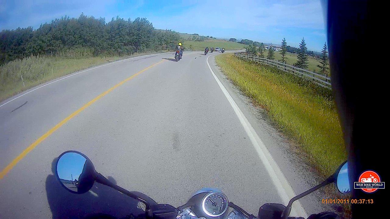 A rider's view of the road from the saddle of the 2021 BMW R NineT Scrambler