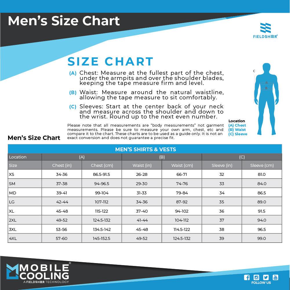 A view of the men's sizing chart available on Fieldsheer's website