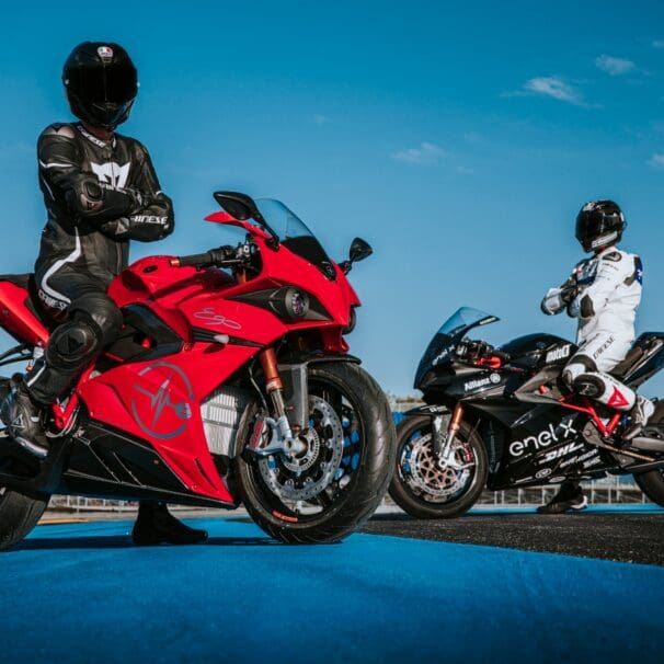 A side view of two riders astride their Energica Ego motorcycles