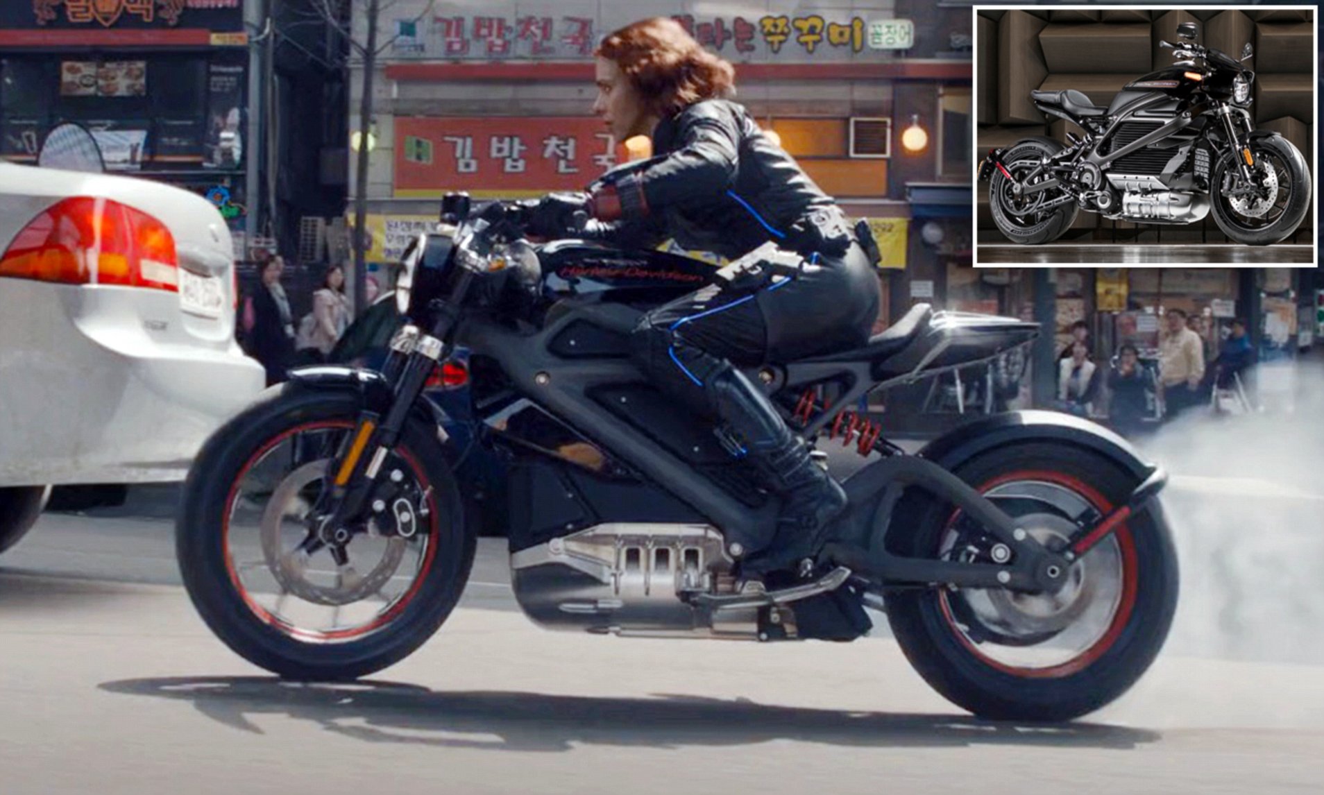 A view of Scarlett Johansen riding the H-D LiveWire One