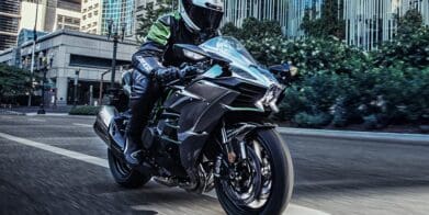 A view of a rider trying out a Kawasaki Ninja H2