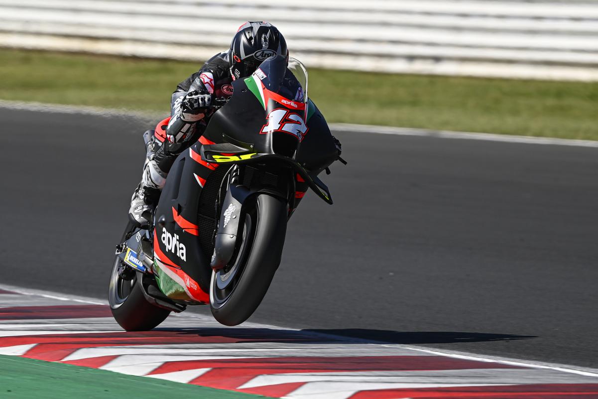 A view of Maverick Vinales making his debut for team Aprilia on the RS-GP