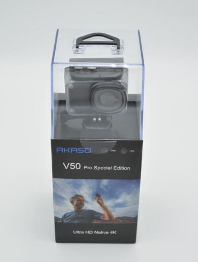 A fontal view of the AKASO V50 Pro SE Action Camera in packaging