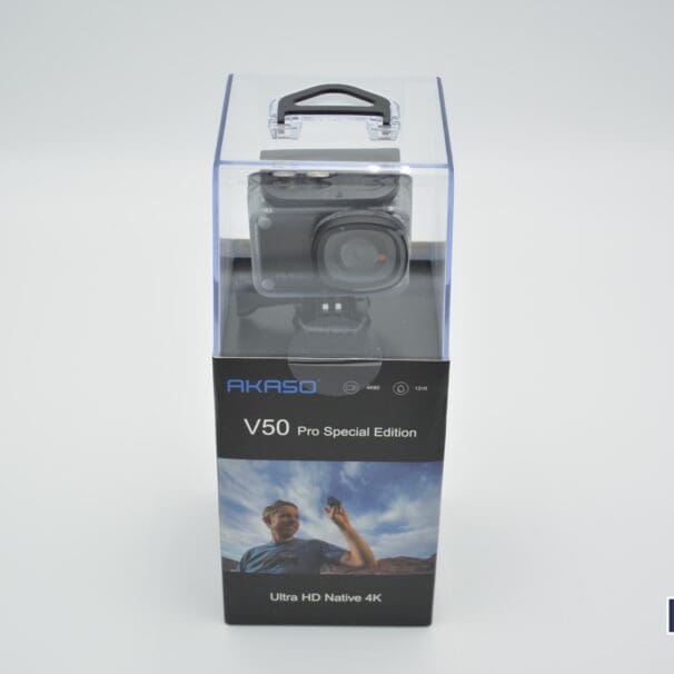 A fontal view of the AKASO V50 Pro SE Action Camera in packaging