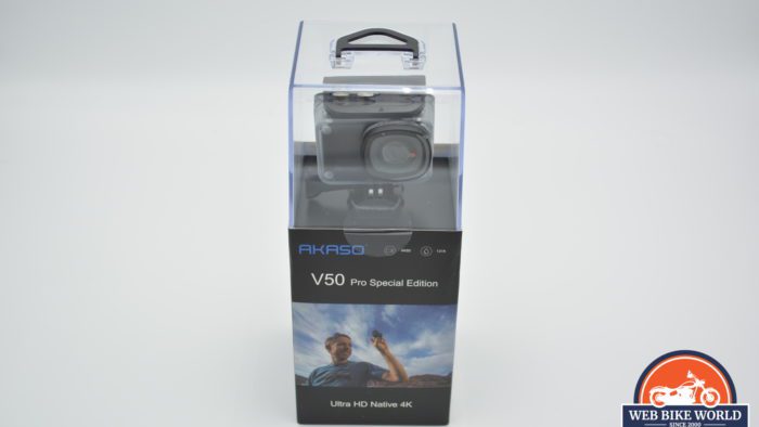 A fontal view of the AKASO V50 Pro SE Action Camera in packaging