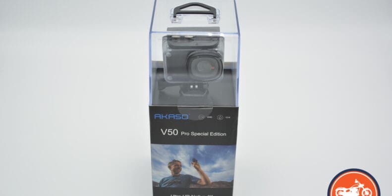 A fontal view of the AKASO V50 Pro SE Action Camera in packaging
