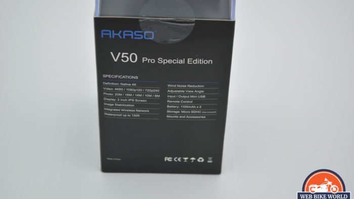 A view of the back of the packaging on the AKASO V50 Pro SE Action Camera