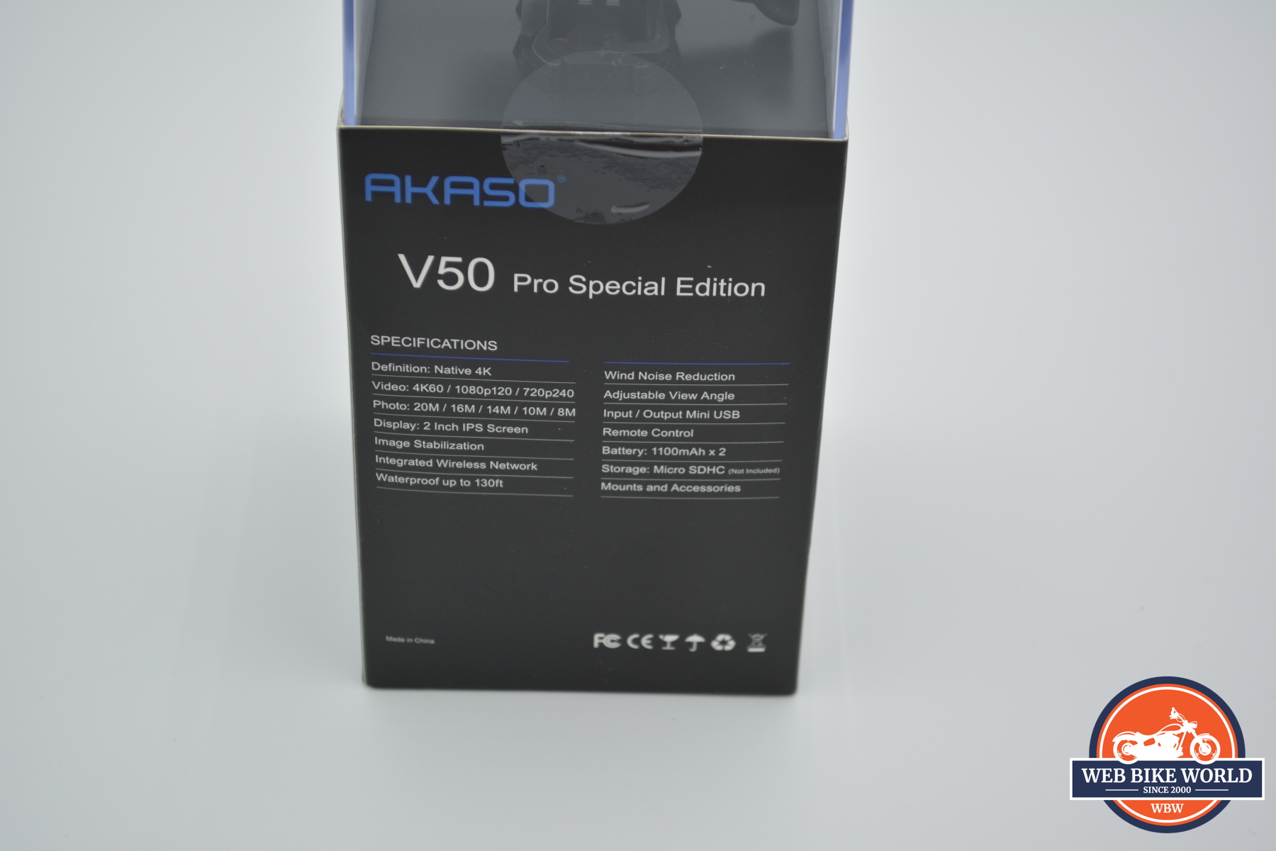 A view of the back of the packaging on the AKASO V50 Pro SE Action Camera