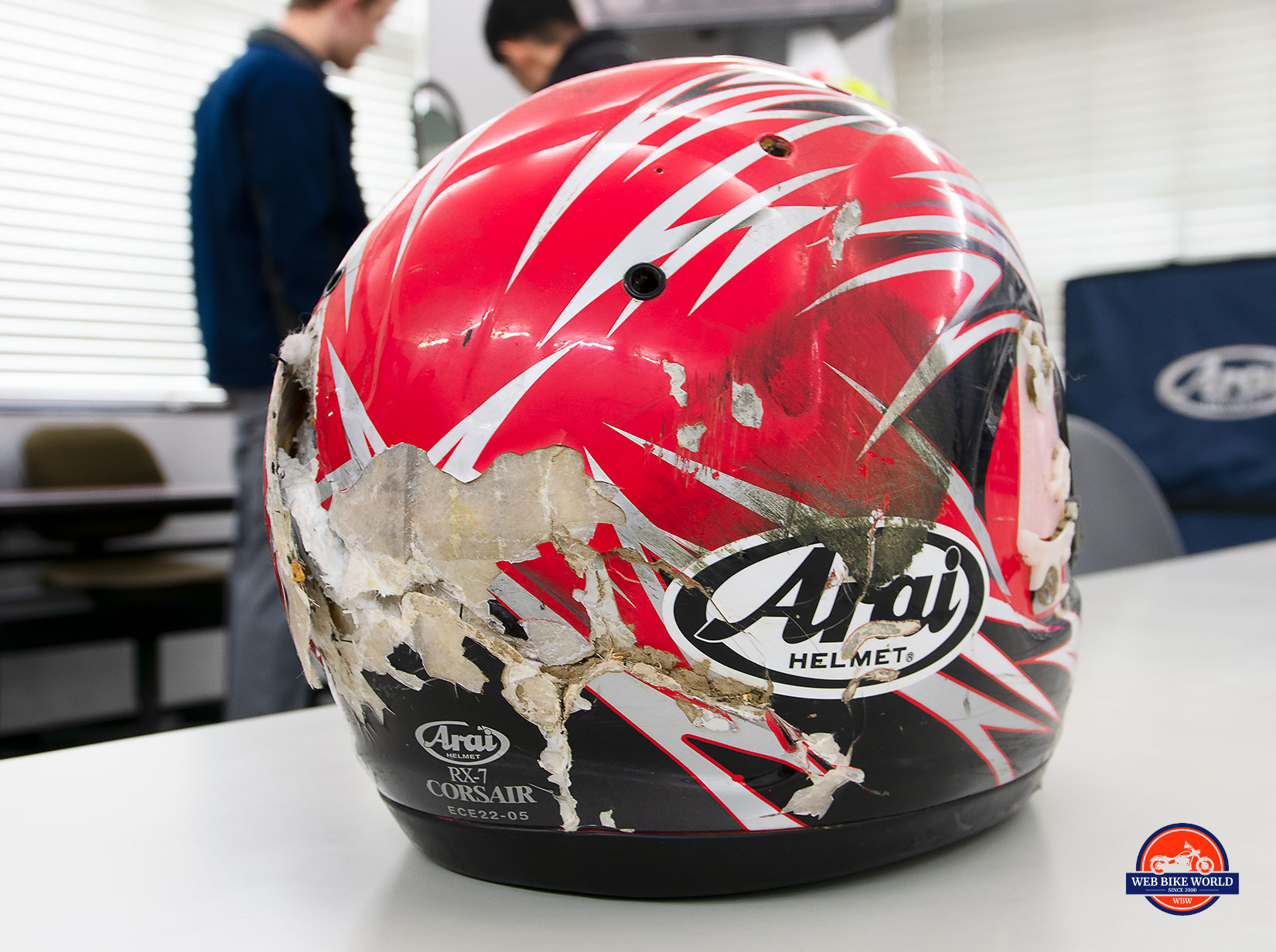 An Arai helmet showing damage