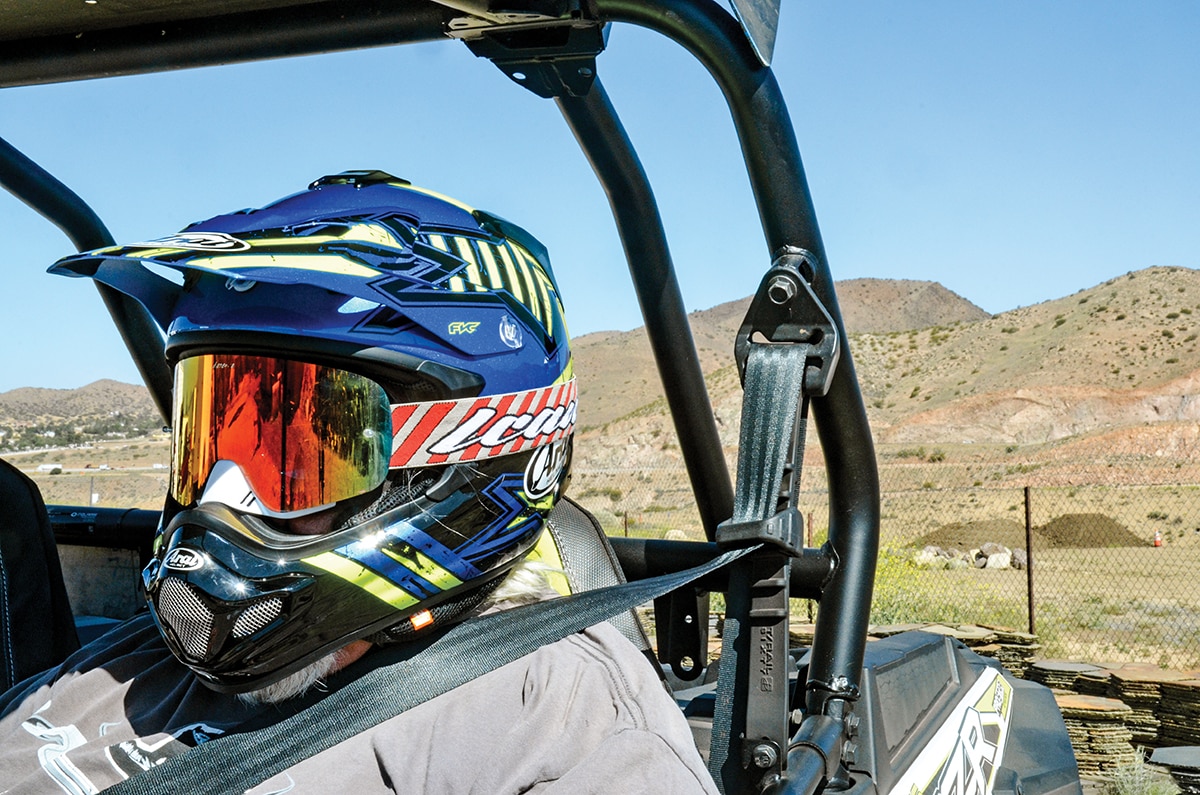 A view of a rider trying out the Arai VX Pro 4 helmet