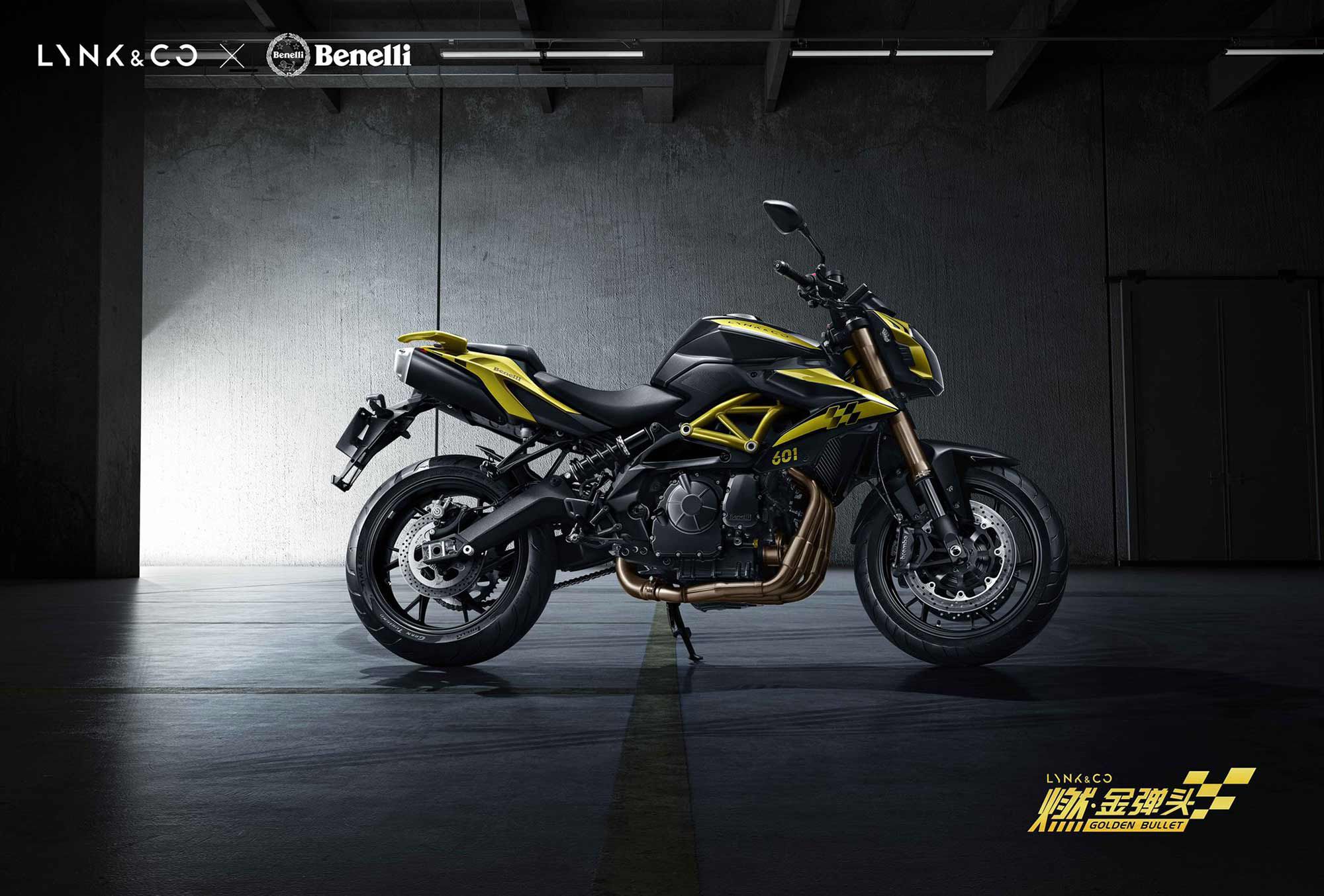 A side view of the unnamed new motorcycle From Lynk & Co, based off of the Benelli TNT 600