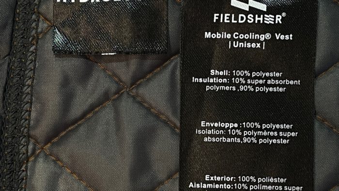 A view of the Fieldsheer Hydrologic® Cooling Vest tag