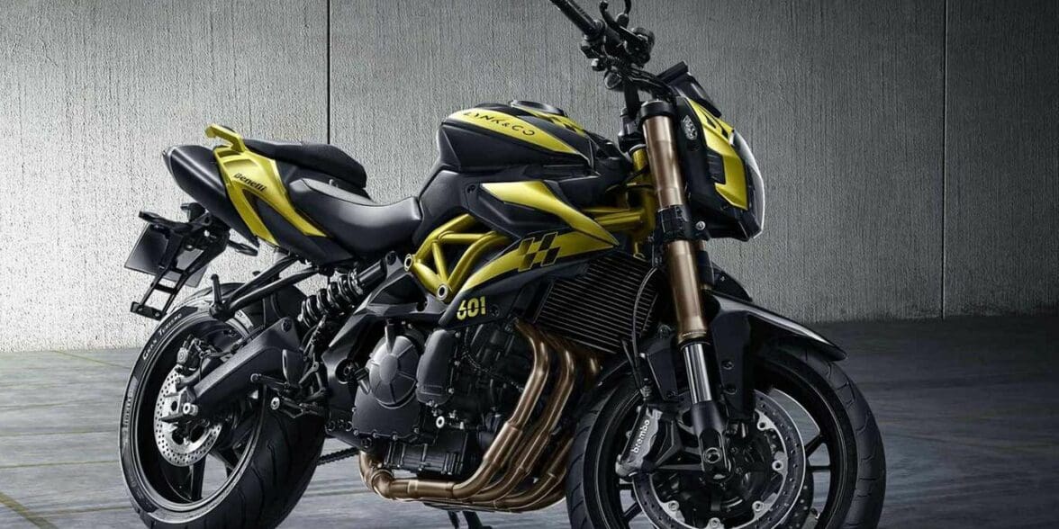 A side view of the unnamed new motorcycle From Lynk & Co, based off of the Benelli TNT 600