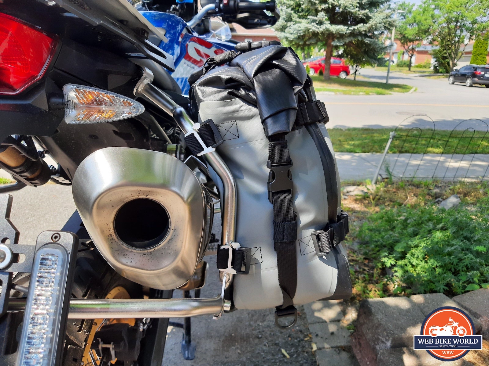 Closeup of clearance between MotoTrekk Pannier and motorcycle exhaust