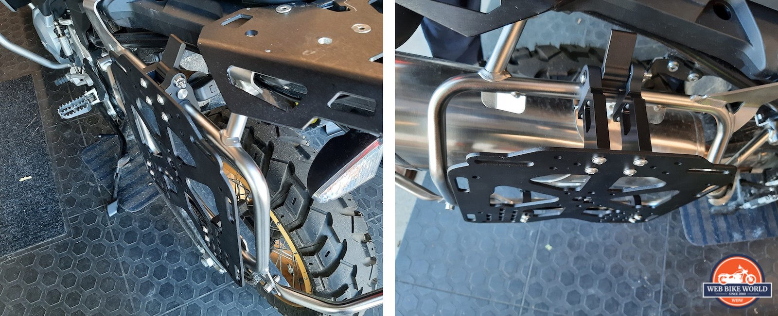 Closeup of the Pannier mount on a motorcycle