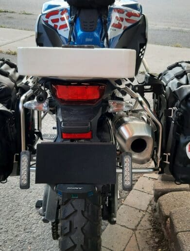 Rear view of GL Possible Pouches mounted onto adventure motorcycle