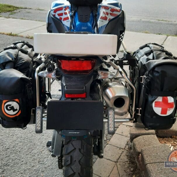 Rear view of GL Possible Pouches mounted onto adventure motorcycle